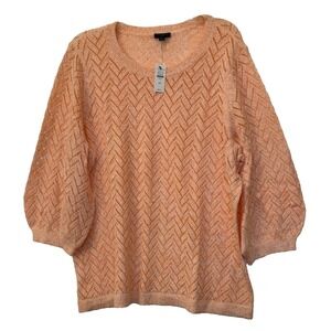 New Talbots Size 2X Orange Linen Blend Open Knit 3/4 Bell Sleeve Pullover